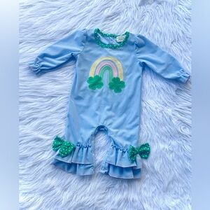 Blue Baby Romper with Rainbow and Clover Design NWOT